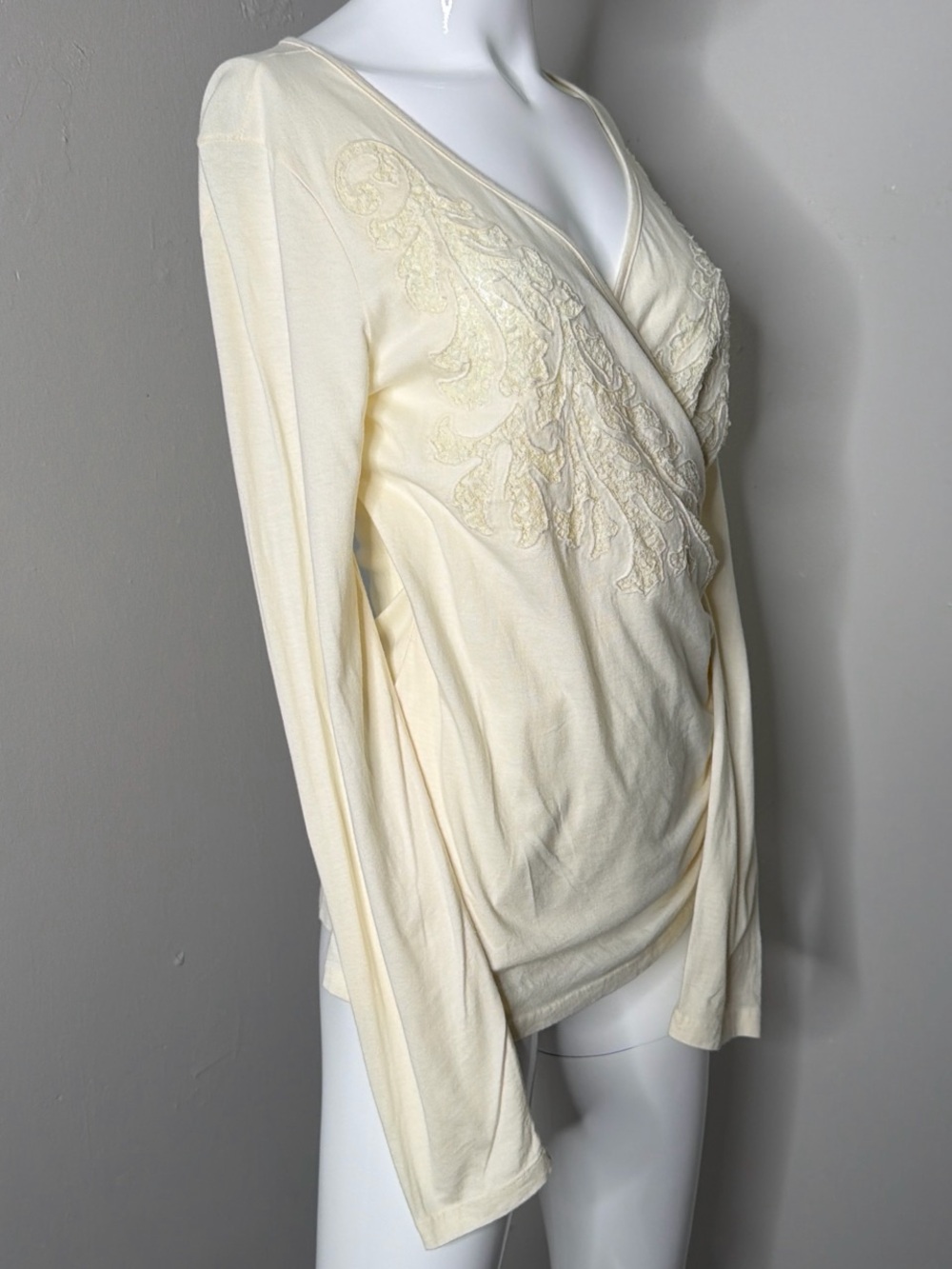 Women’s Sundance Cream Embroidered V-Neck Long Sleeve Blouse Cotton S